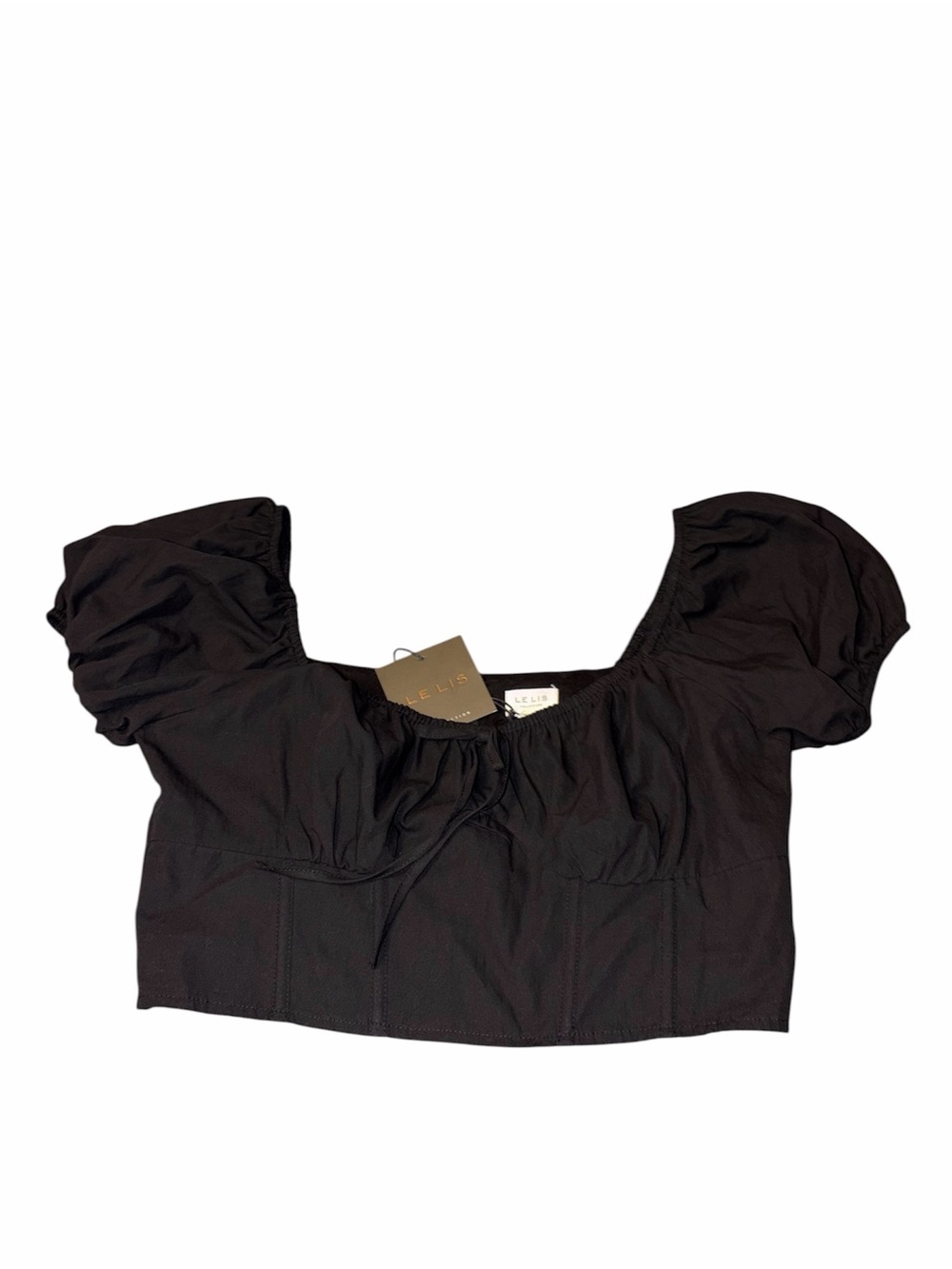 NWT Le Lis Black Cotton Puff Sleeve Crop Top Sz L Cottagecore Peasant Blouse - Picture 2 of 5